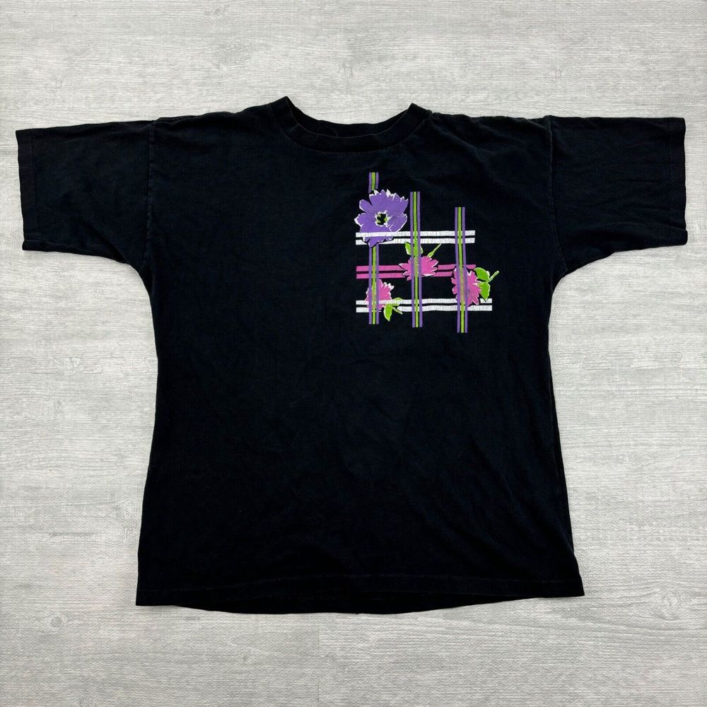 Vintage Danskin Shirt Adult XL Black Floral Art‎ Flower Geometric Dance Wear